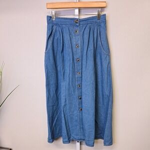 Vintage Russ Studio Women's Denim Midi Skirt Button Front Elastic Waist‎ Size 14